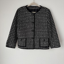 Talbots Blazer Jacket Women's 14 Black White Tweed 3/4 Sleeves Pockets Office
