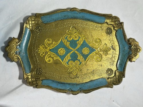 Vintage Italian Florentine Gilt Blue Turquoise Tray Gold MCM Mid ...