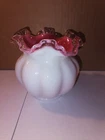 Vintage Fenton Pink Overlay Melon White Ruffled Clear Edge Glass Vase Bowl 5.5"