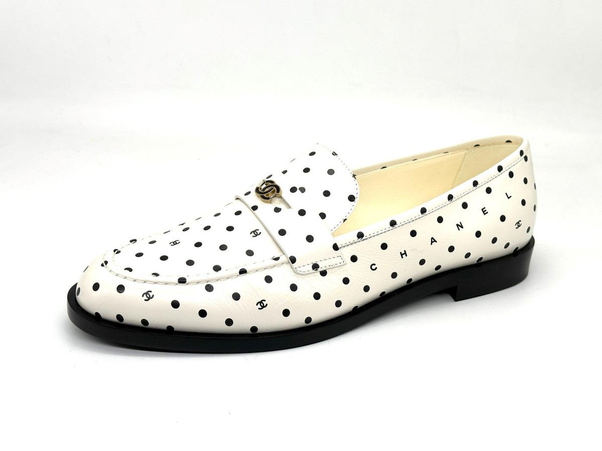 CHANEL 24P Leather Polka Dot CC Logo Penny Loafers Moccasins Flat