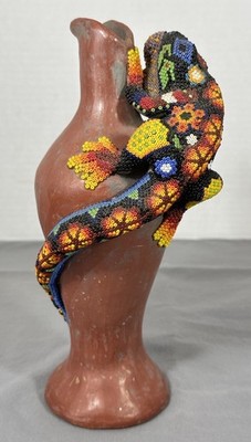 Vintage Mama Mono Pottery Vase with Beaded Iguana Puerto Vallarta PV Mexico