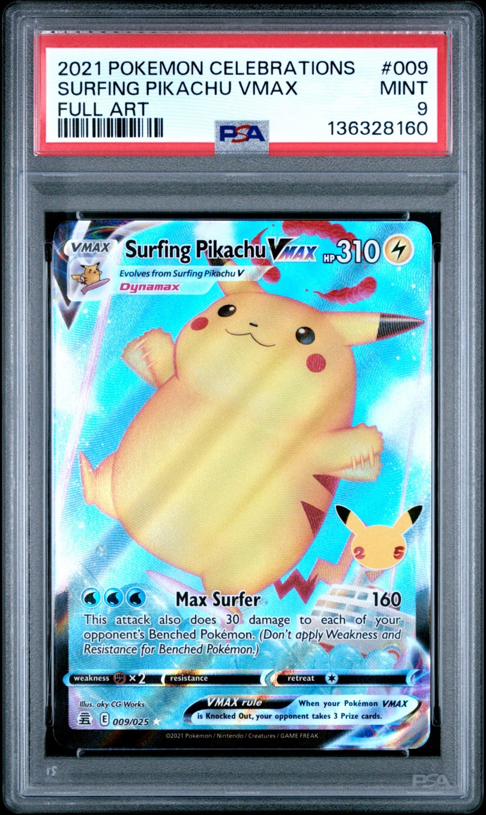 2021 POKEMON CELEBRATIONS #009 FULL ART/SURFING PIKACHU VMAX PSA 9