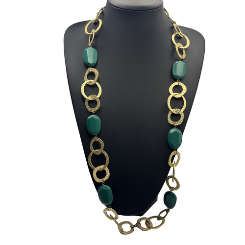 Statement Mat Gold Tone & Green Acrylic Bead Chunky Chain Fashion Necklace 88cm