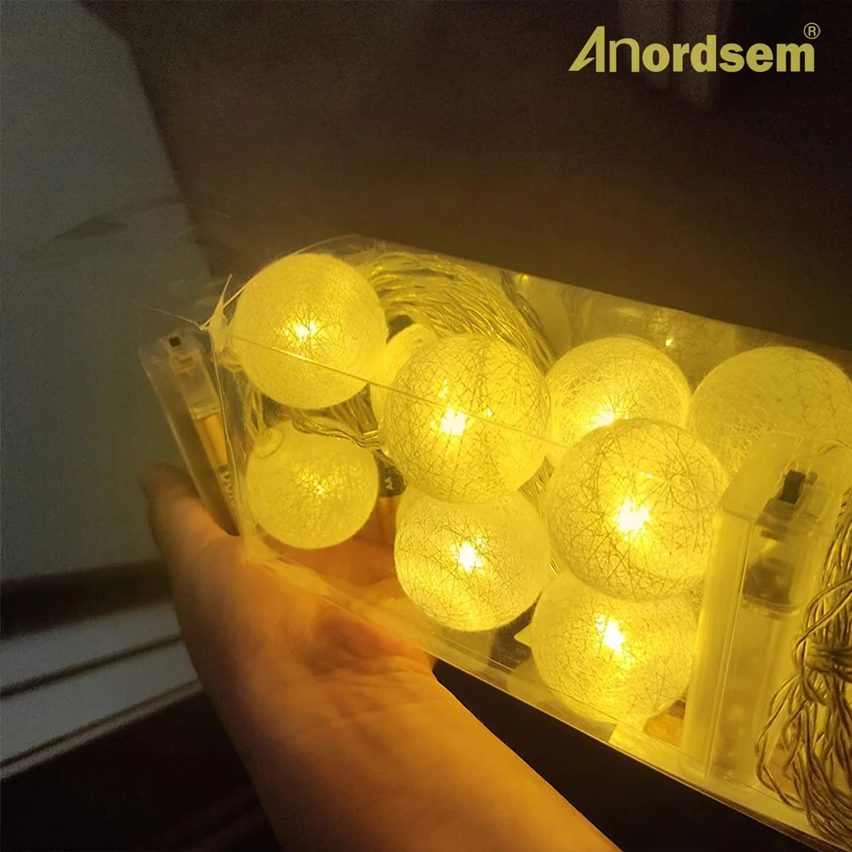 Paquete de 2 linternas LED de bola de algodón de 6,88 pies/10 luces de cadena de batería para interiores - hadas... Foto 2 de 4