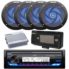 Marine Bluetooth Radio, Amp, 4x 5.25" 180W Blue Flash LED Speaker, Cover Black 