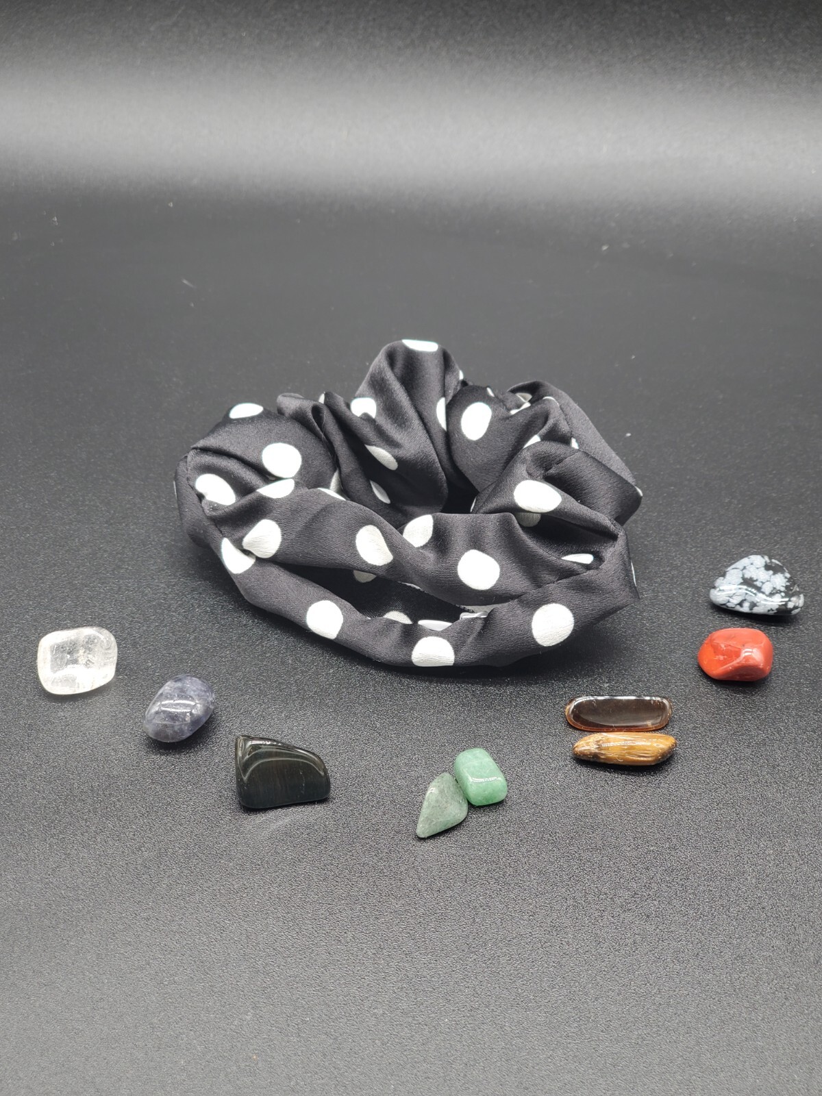 Crystal Chakra Polka Dot Satin Scrunchie with Zipper Pocket & 7 Healing Stones