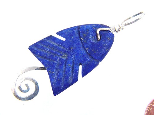 BUTW Ciondolo Pesce Scolpito Argento Sterling 10pz Filo Avvolto a Mano Lapislazzolino 3634P - Foto 7 di 21