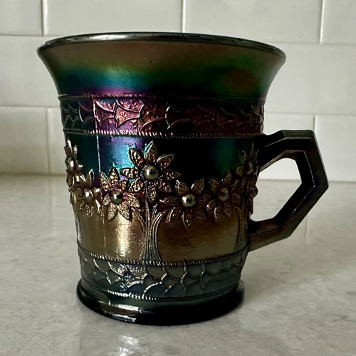 Carnival Glass Fenton Orange Tree Cobalt Blue 3-1/2" Tall Handled Beverage Mug