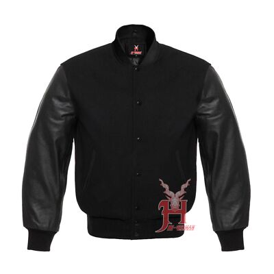 Varsity Jacke Gothic College Bomber Unisex Schwarz Wolle Leder Retro
