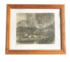 ILLEGIBLY SIGNED Russian ETCHING limited Edition Goats in Landscape