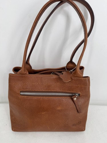 VTG Rovelon Luxury Cognac Tan Brown Leather Zips Small Tote Bag Handbag Purse - Picture 2 of 19