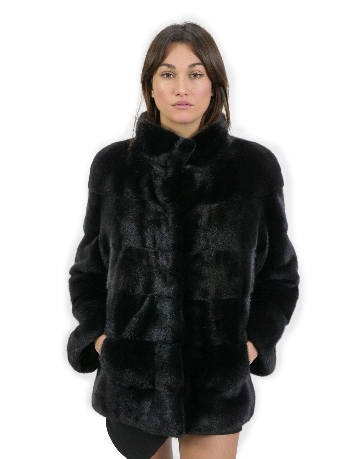 Mink Fur Jacket Size 46 Black 3/4 Sleeve Korean Collar 70cm Long-image