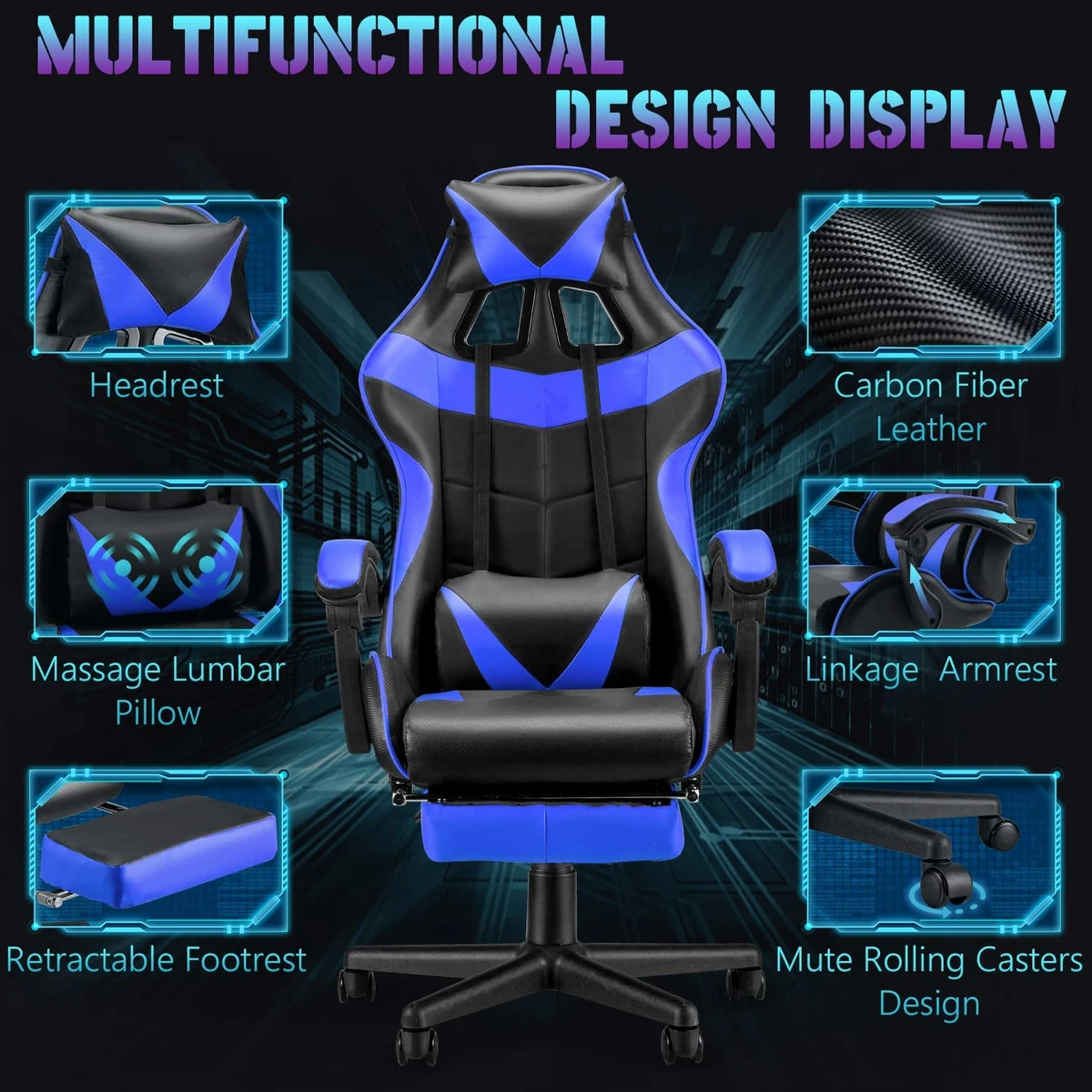 Soontrans Blue Gaming Chair with Footrest Gaming Computer Chair