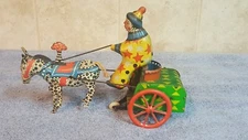 Vintage 1960's USSR  Russian Wind Up Tin Clown on Circus Cart with Zebra