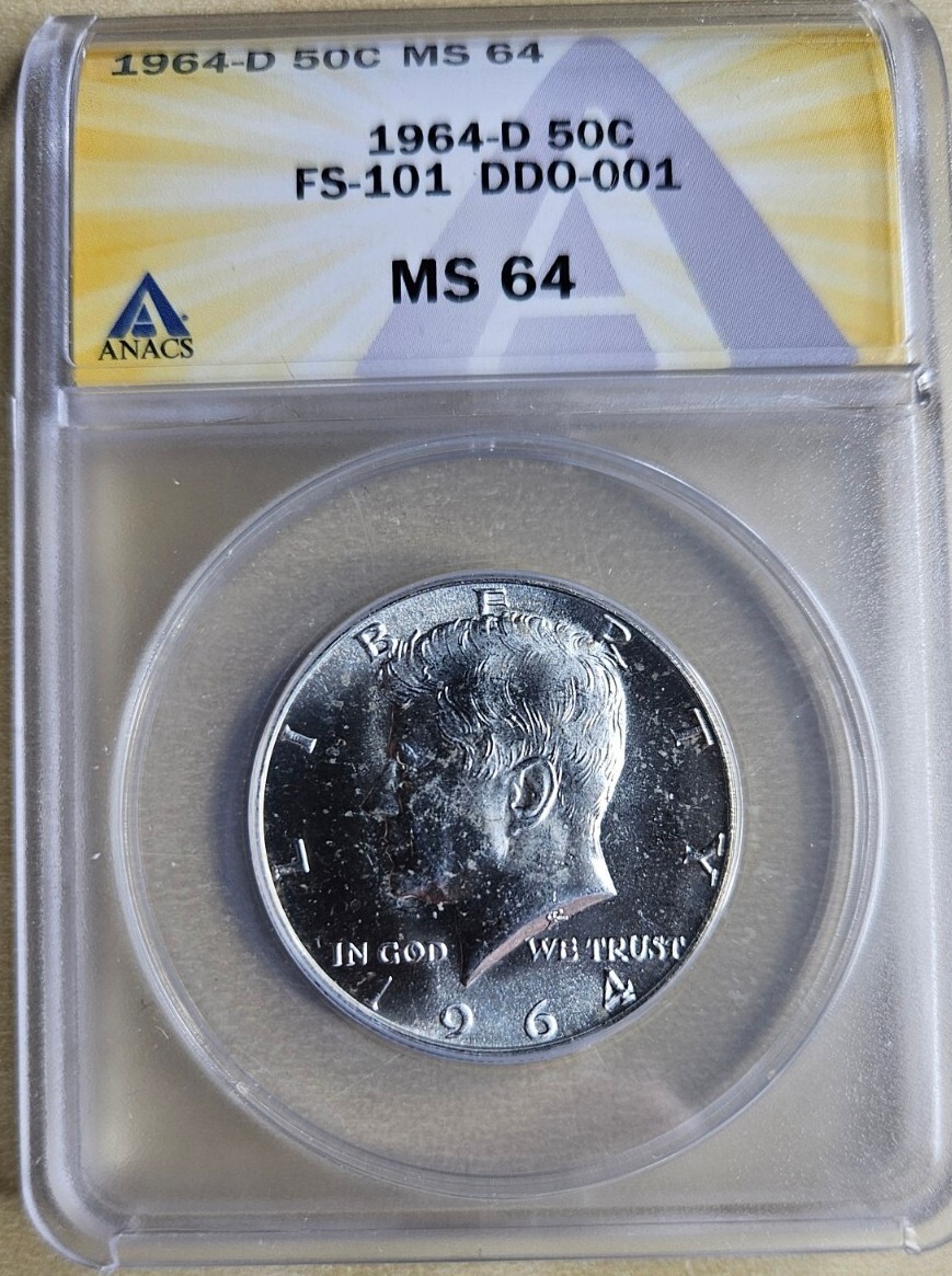 1964 D Kennedy Half Dollar ANACS MS64 FS-101 50c DDO Double Die