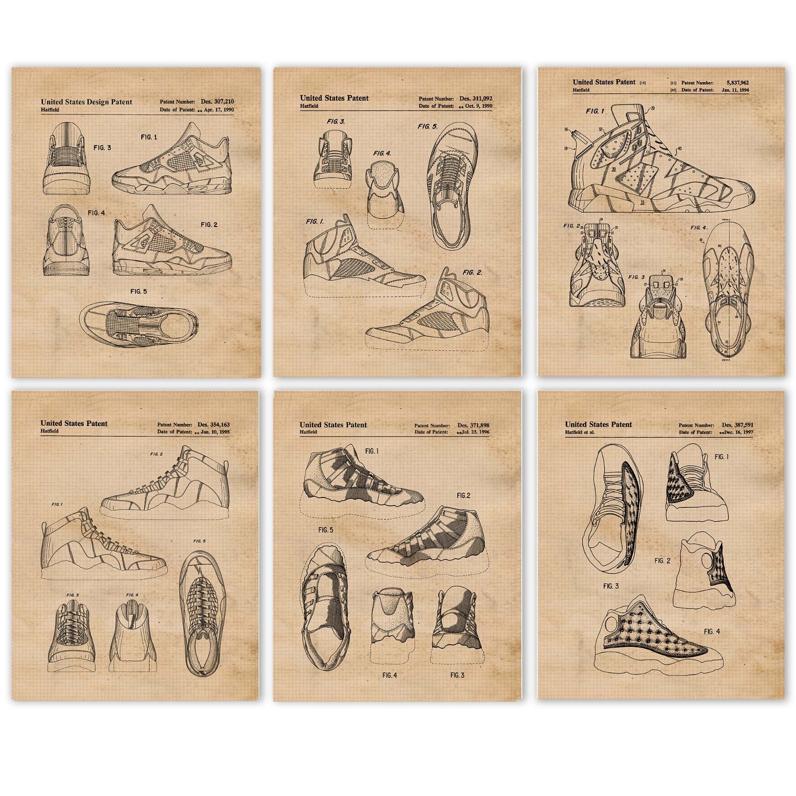 Patent Prints 6 (8x10) For Home Air Jordans Work Office
