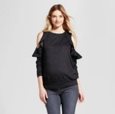 Isabel Maternity Cold Shoulder Ruffle Sweatshirt Black and White Size Large