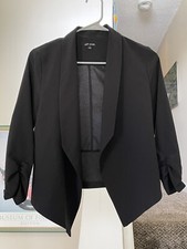 Michel Casual Open Front 3/4 Ruched Sleeve Blazer Jacket Womens Small Black