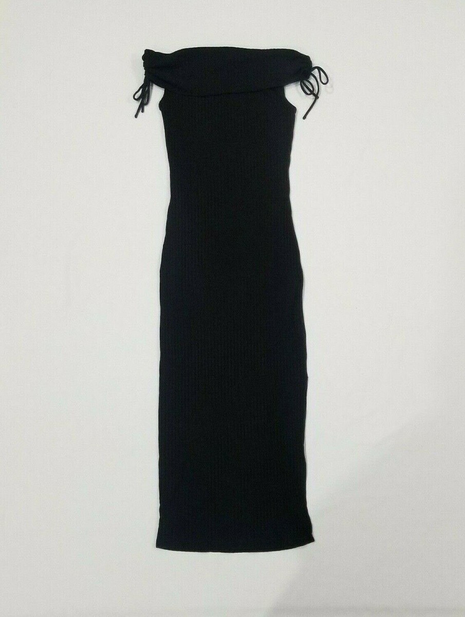 TOPSHOP Grunge Whimsy Goth Ribbed Off the Shoulder Long Black Midi Dress 4 S