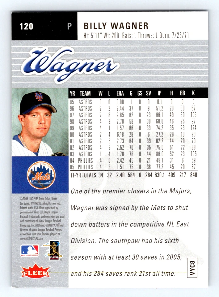 2006 Ultra #120 Billy Wagner New York Mets - Image 2 of 2