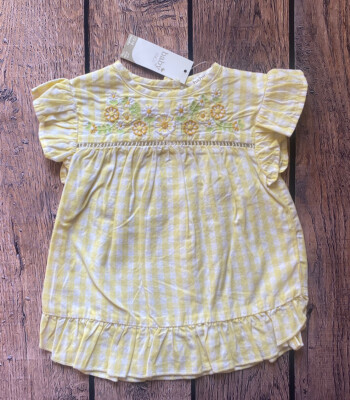 Baby Girl 12-18 Month British M&Co Yellow & White Gingham Floral Embroidered Top