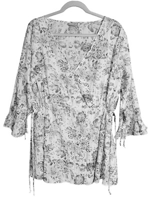 Okay Tunika Bluse 4XL 52/54 Weiß Grau Floral Wickeloptik