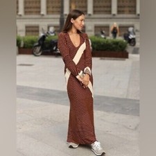 NWT ZARA Long Striped Midi Dress Brown Black Cream Geometric Print Size Medium