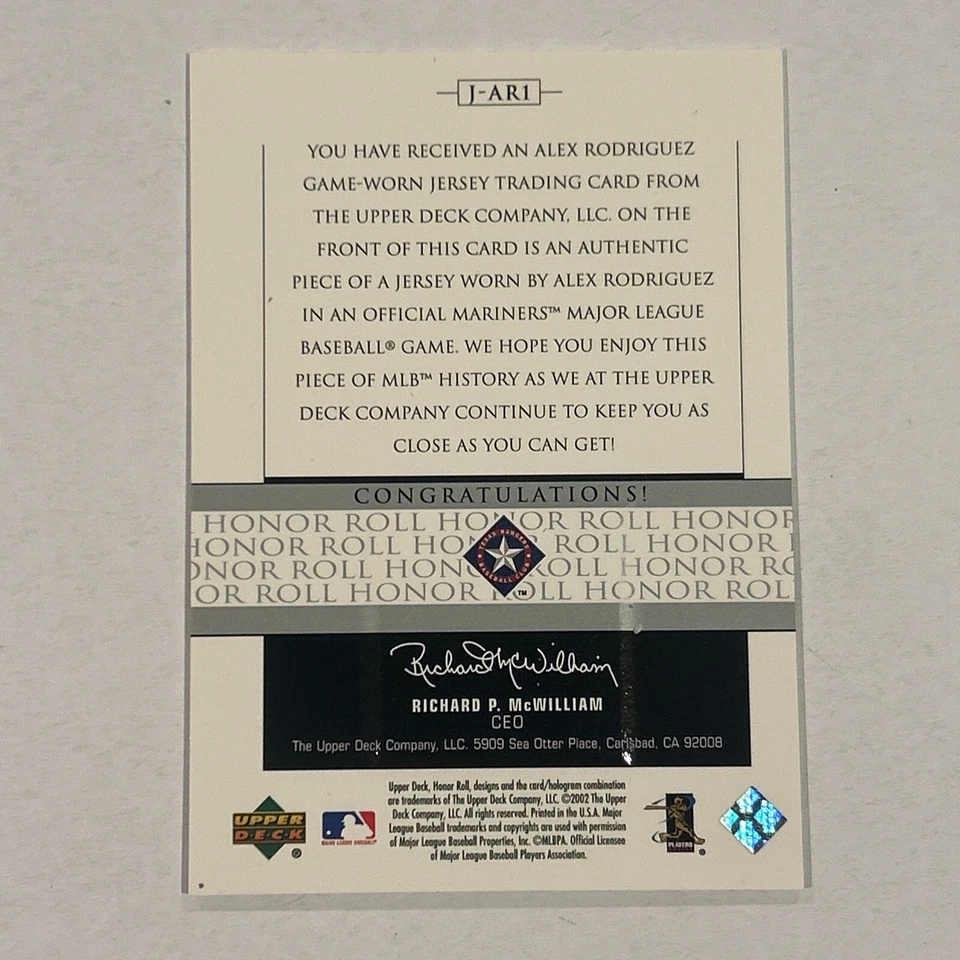 2002 Upper Deck Honor Roll Game Worn Jersey J-AR1 Alex Rodriguez Texas Rangers - Image 2 of 2