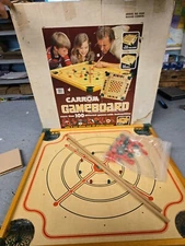 Vtg Carrom Wood Game Board 108P Merdel Double Sided w Box Sticks Missing Pieces