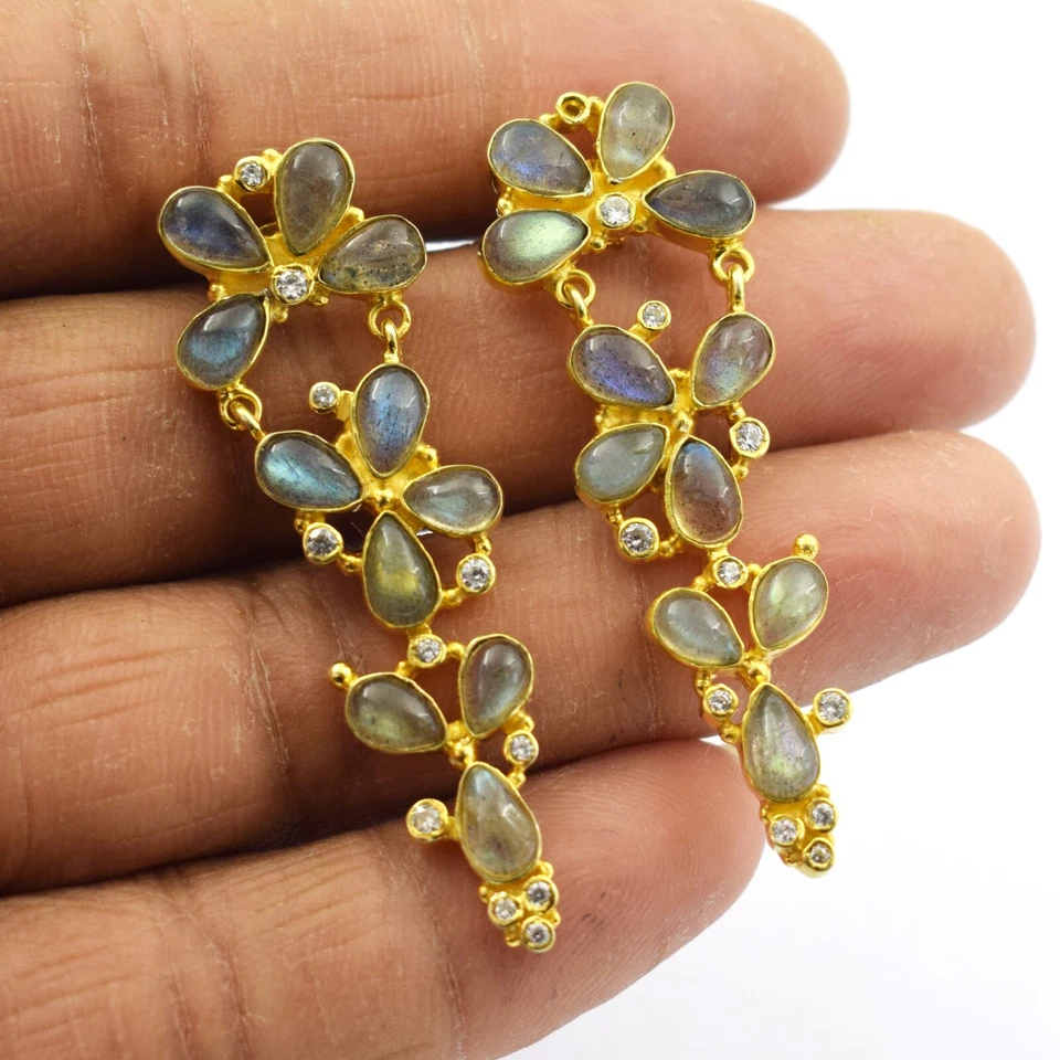 Orecchini placcati oro argento sterling pietra preziosa labradorite naturale ... - Immagine 2 di 3