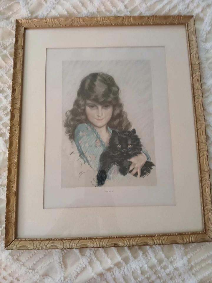 Vintage Quadro Harrison Fisher Estampa "Chums" Menina com Gato-1918 Cosmo Mag. 15x18 - Imagem 2 de 4