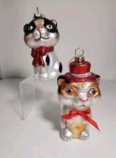 Lot Of Blown Glass Black  Calico Sparkle Cat Holiday Christmas Ornaments 5  