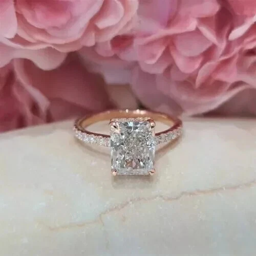 3Ct Radiant Cut VVS1 Moissanite Solitaire Engagement Ring 14k Rose Gold Plated - Picture 1 of 5