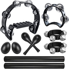 10-Piece Black Percussion Set for Adults, Includes Half Moon Tambourines, Rhythm