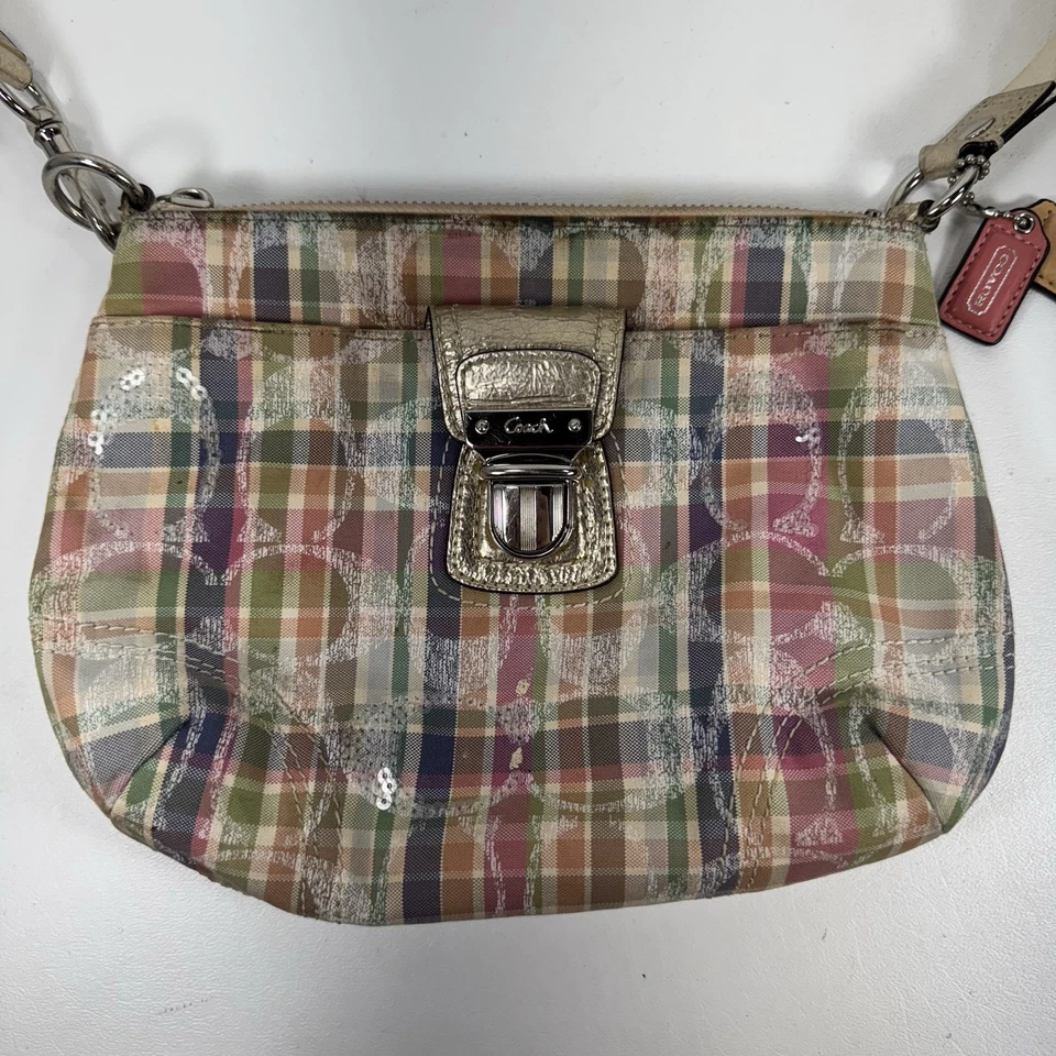Coach Poppy Madras Pastel Sequined Crossbody Shoulder Purse Multi Color Plaid - Image 2 of 4