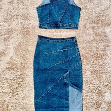 Y2K Blue Denim Two Piece Zip Crop Top Asymmetric Midi Skirt Set S