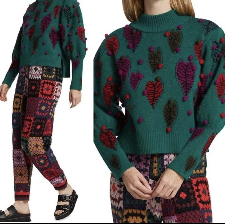 Suéter Pompones Farm Rio Monstera Hearts Punto Intarsia Nuevo con Etiquetas RTS $ 245 Mediano Foto 3 de 4