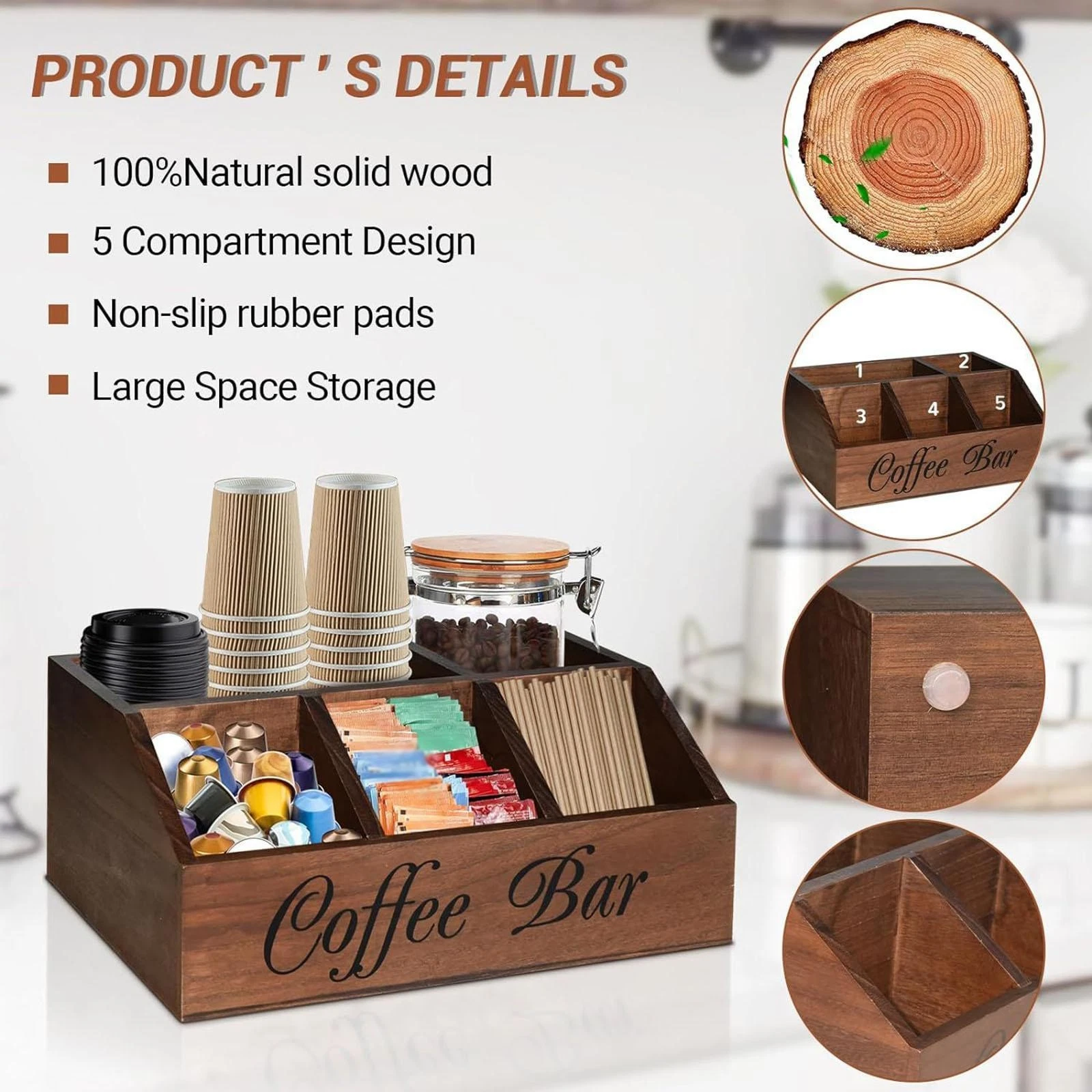 Coffee Station Organizer Wood Coffee Pods Holder for Home Kitchen Countertop