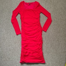 SHEIN Dress Women L Red Ruched Fitted Long Sleeve Chic Evening Bodycon Modern
