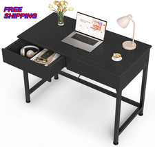 Small Black Desk with 2 Wooden Drawers 40 Inch Home Office Writing Desk Black