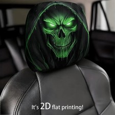 2x Green Glow Grim Reaper Skull Car Headrest Cover Hooded 2D Print Universal Fit