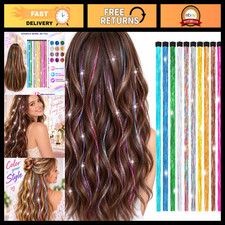 Colorful Hair Tinsel Clip-In Extensions, 12 Shades, 19.7 Inch Sparkly Fairy Hair