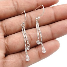 Pear Natural White Cubic Zirconia 925 Sterling Silver Dangle Drop Bezel Earrings