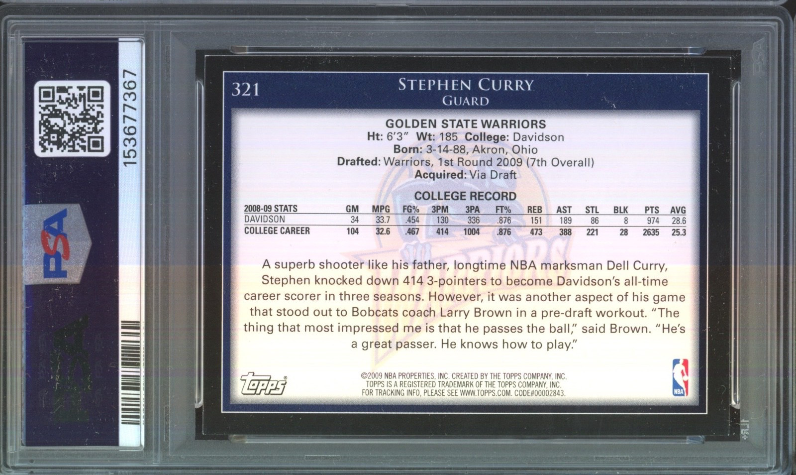 2009 Topps #321 Stephen Curry RC Rookie NM PSA 7 view 2