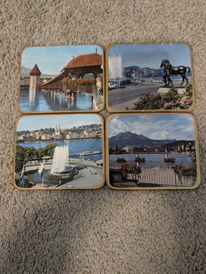Vintage Lucerne Switzerland Cork Coasters Set of 4 Mid Century Travel Souvenir