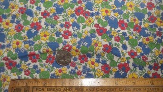 Antique Feedsack Feed Sack Fabric RED BLUE GREEN YELLOW FLORAL ON WHITE