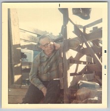 Vtg Color Snapshot Older Man With Glasses In Plaid Shirt On Farm Fence 1969