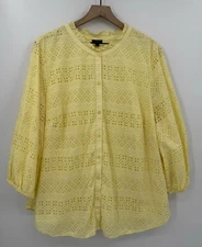 Talbots Shirt Womens 2X Yellow Eyelet Lace Button Colorful Preppy Blouse Cotton