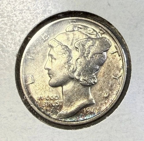 1945 D Mercury Dime - AU, Toned - 90% Silver Winged Liberty 10C