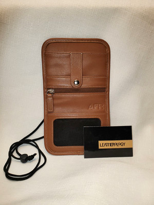 NWOT Leatherology Slim Card Cash Holder Travel Adj Crossbody Cord Brown Leather